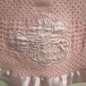 Kidgets Pink Waffle Weave Satin Edge Bless This Baby Blanket 28x29 Thermal Lovey